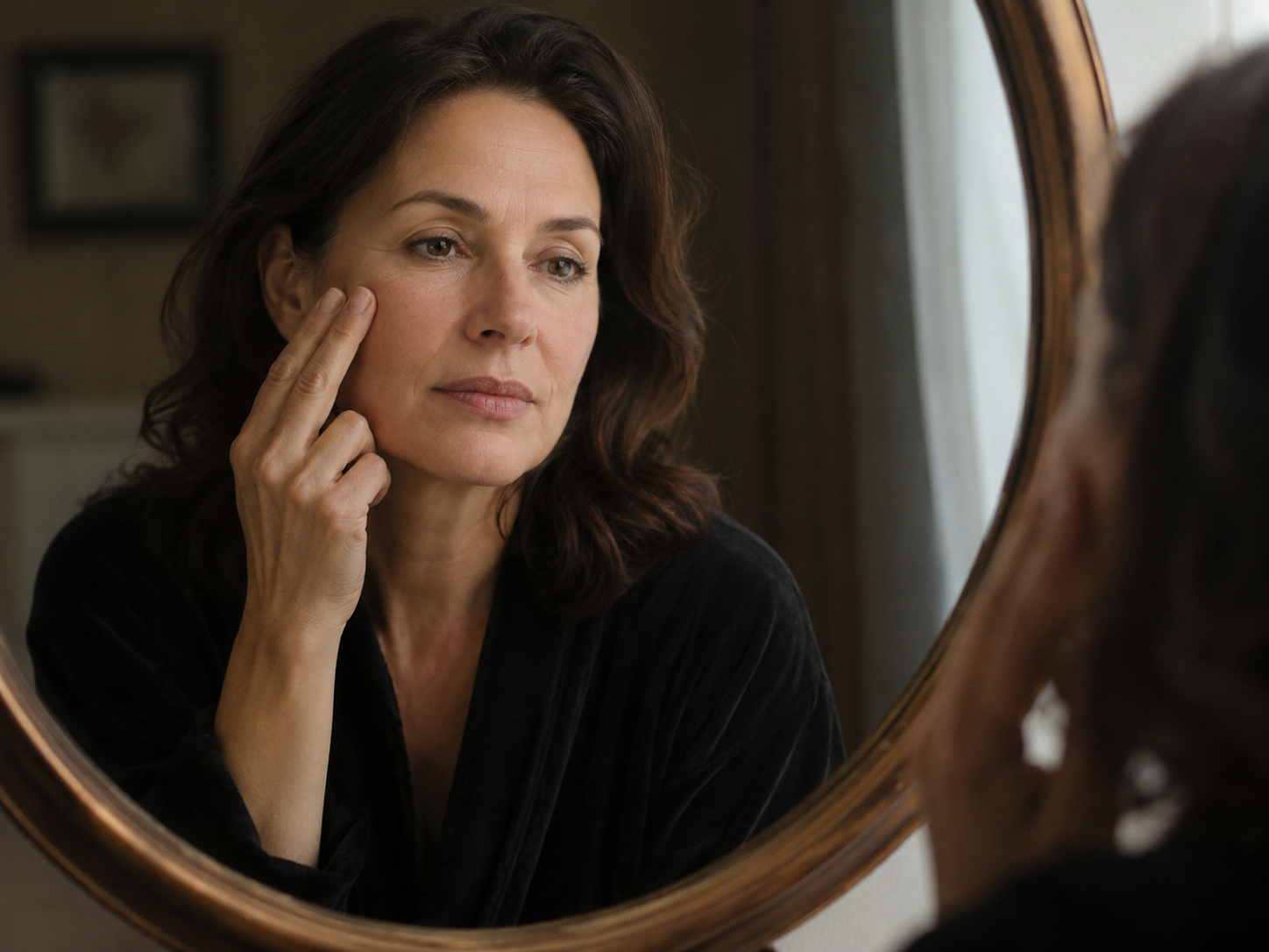 Person noticing subtle changes in skin elasticity and hair density
