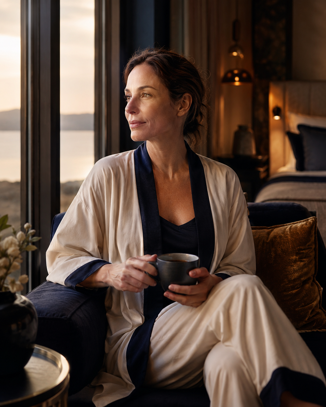 A calm premium lifestyle scene representing restorative sleep and recovery support for Ipamorelin clients.